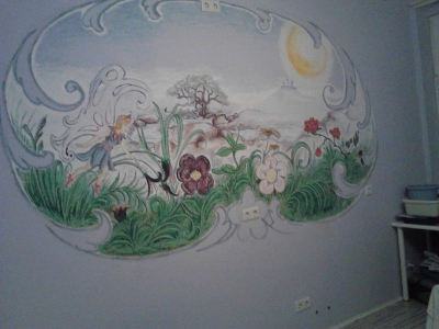 Kleine Feenwelt  -  ca. 1,80 m breites ovales Wandbild nach dem Gedächtnis frei gestaltet